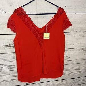 New Available Women’s size M Medium Red Top Blouse Double V‎ Neck Lace Trim